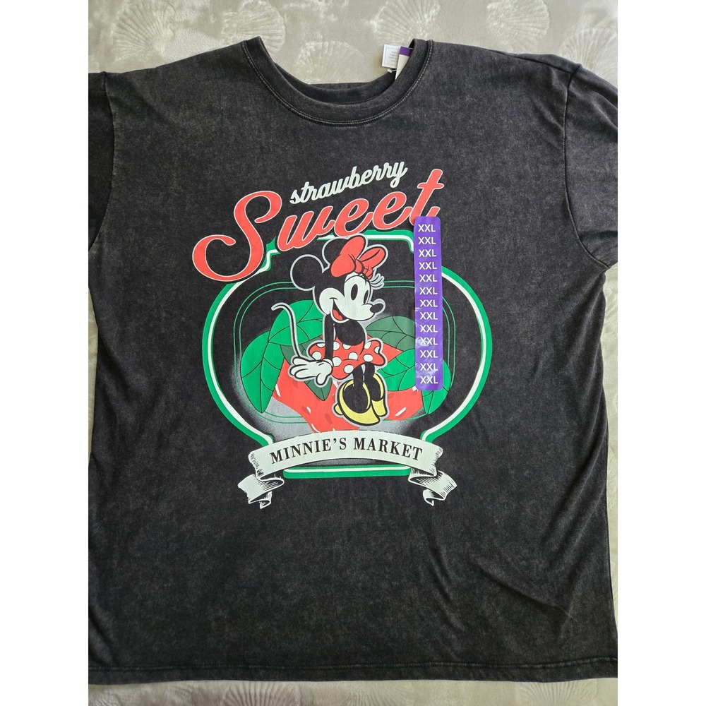 Disney Minnie Mouse Strawberry Sweet Graphic Tee XXL Charcoal Acid Wash NWT